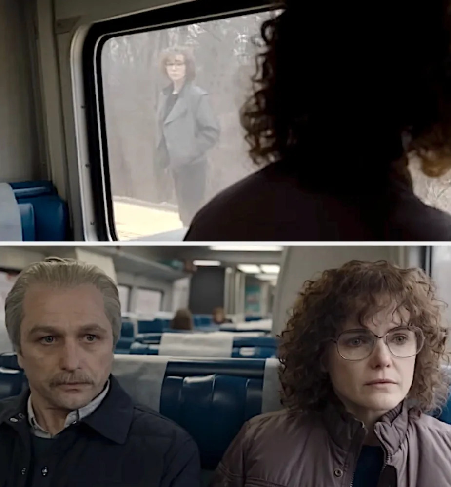 Two scenes from a drama: a woman seen through a train window, and a man and woman seated inside the train, both appearing tense