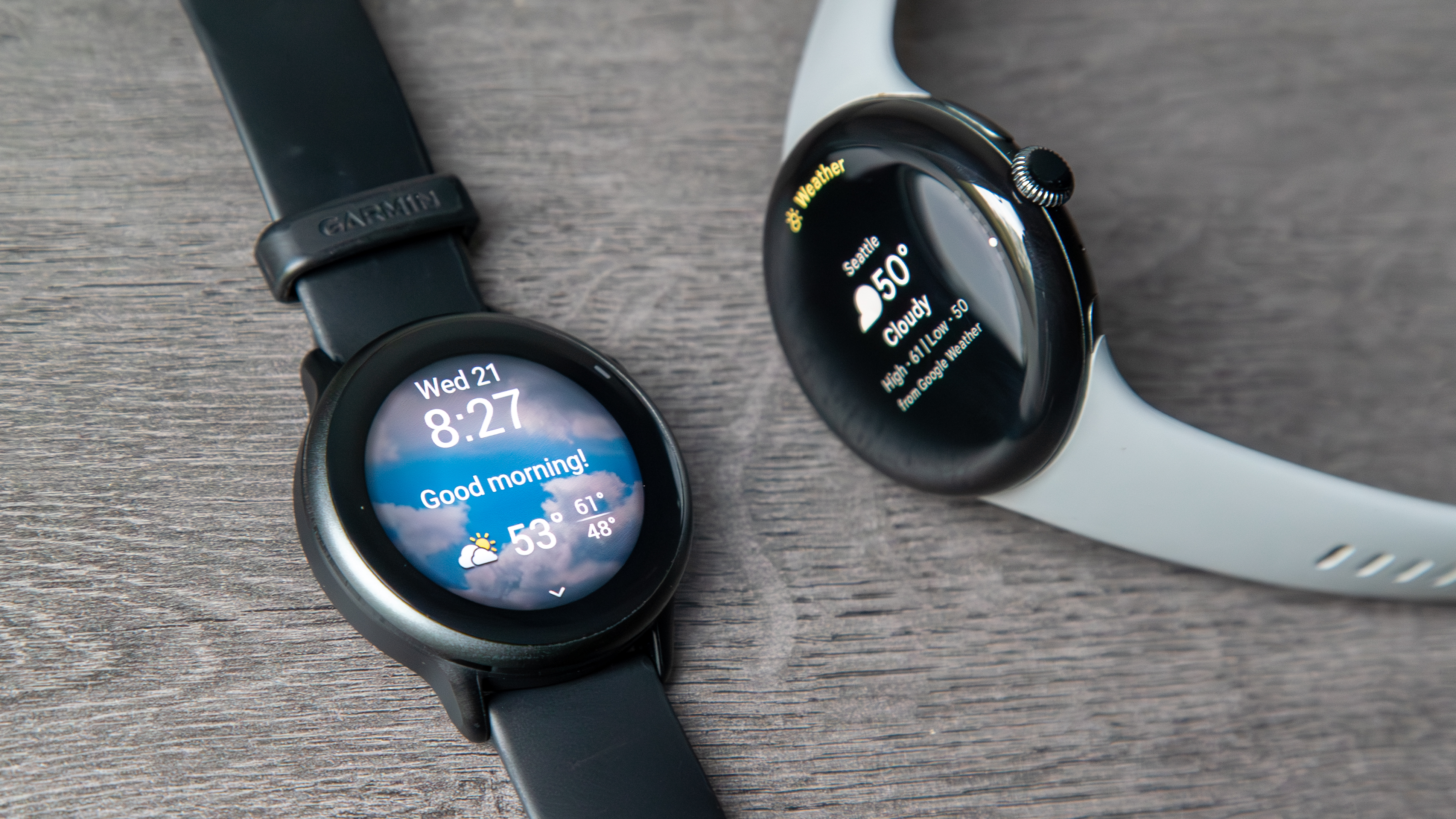 The Garmin Vivoactive 6 next to the Pixel Watch 3