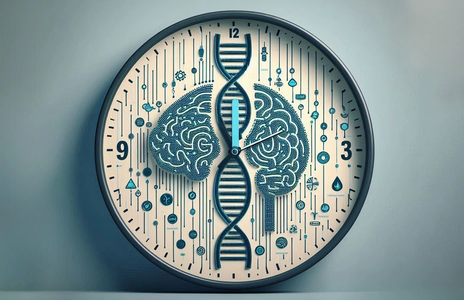 Wall clock with brain illustration and DNA spiral, surrounded by scientific symbols.
