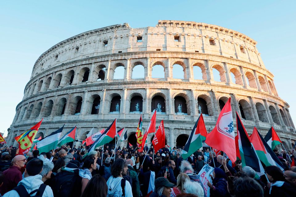 Pro-Palestinian demonstrators attend a rally in Rome, Italy, Oct. 2, 2025, in solidarity with the Global Sumud Flotilla after ships were intercepted by the Israeli navy. (Cecilia Fabiano/LaPresse via AP)