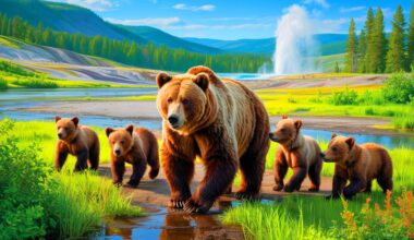 Illustration of a grizzly bear known as "Supermom" with her five cubs in Yellowstone National Park.
