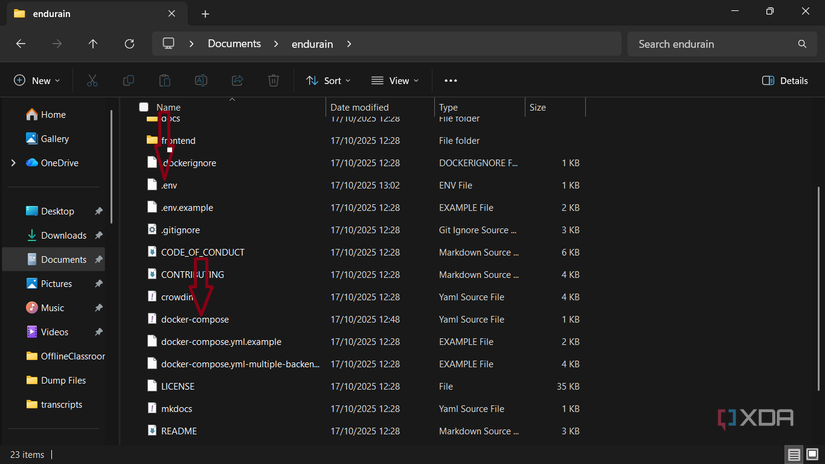 Screenshot of edurain project saved locally with env and yml files