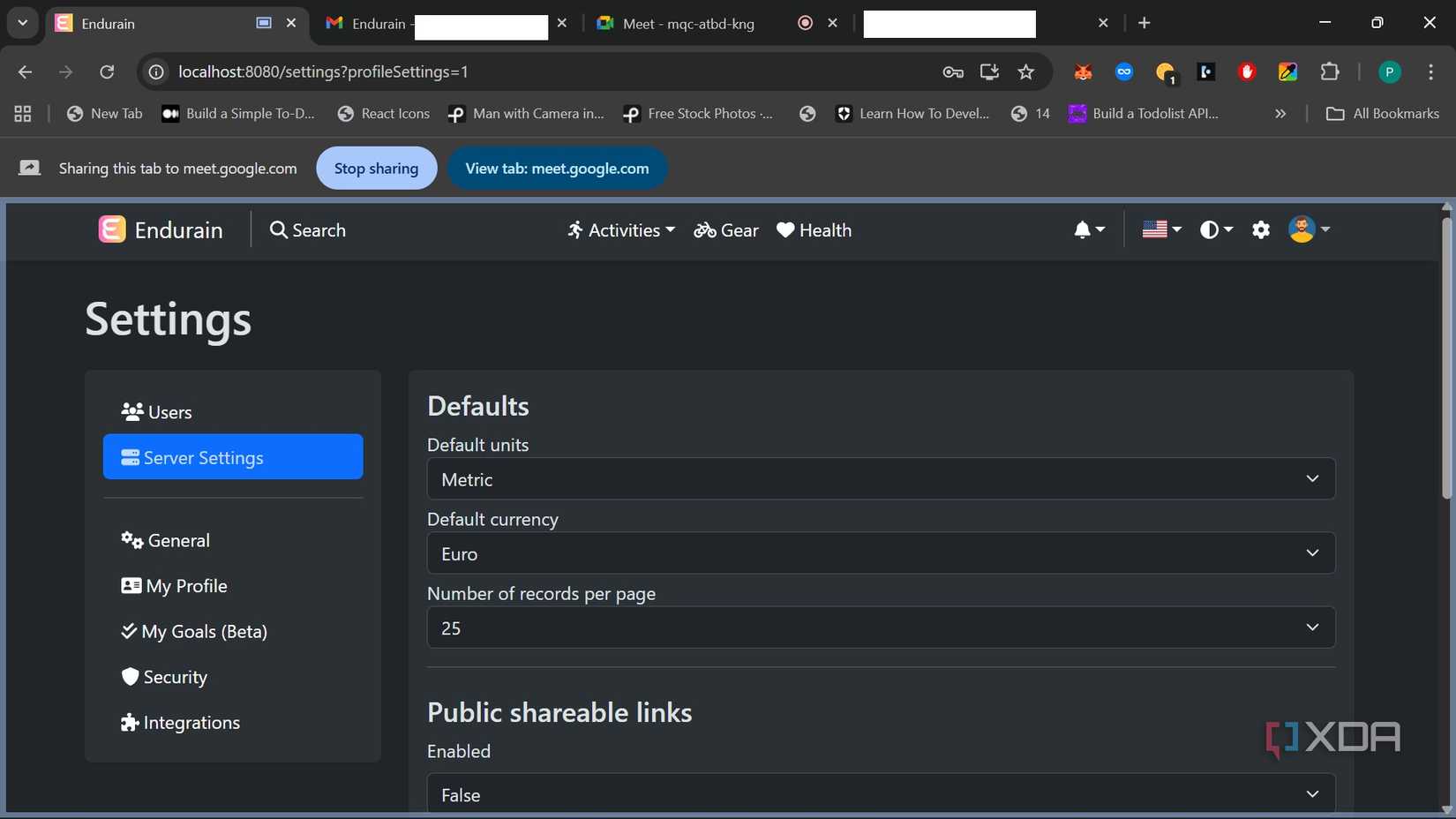 Screenshot of Endurain server settings