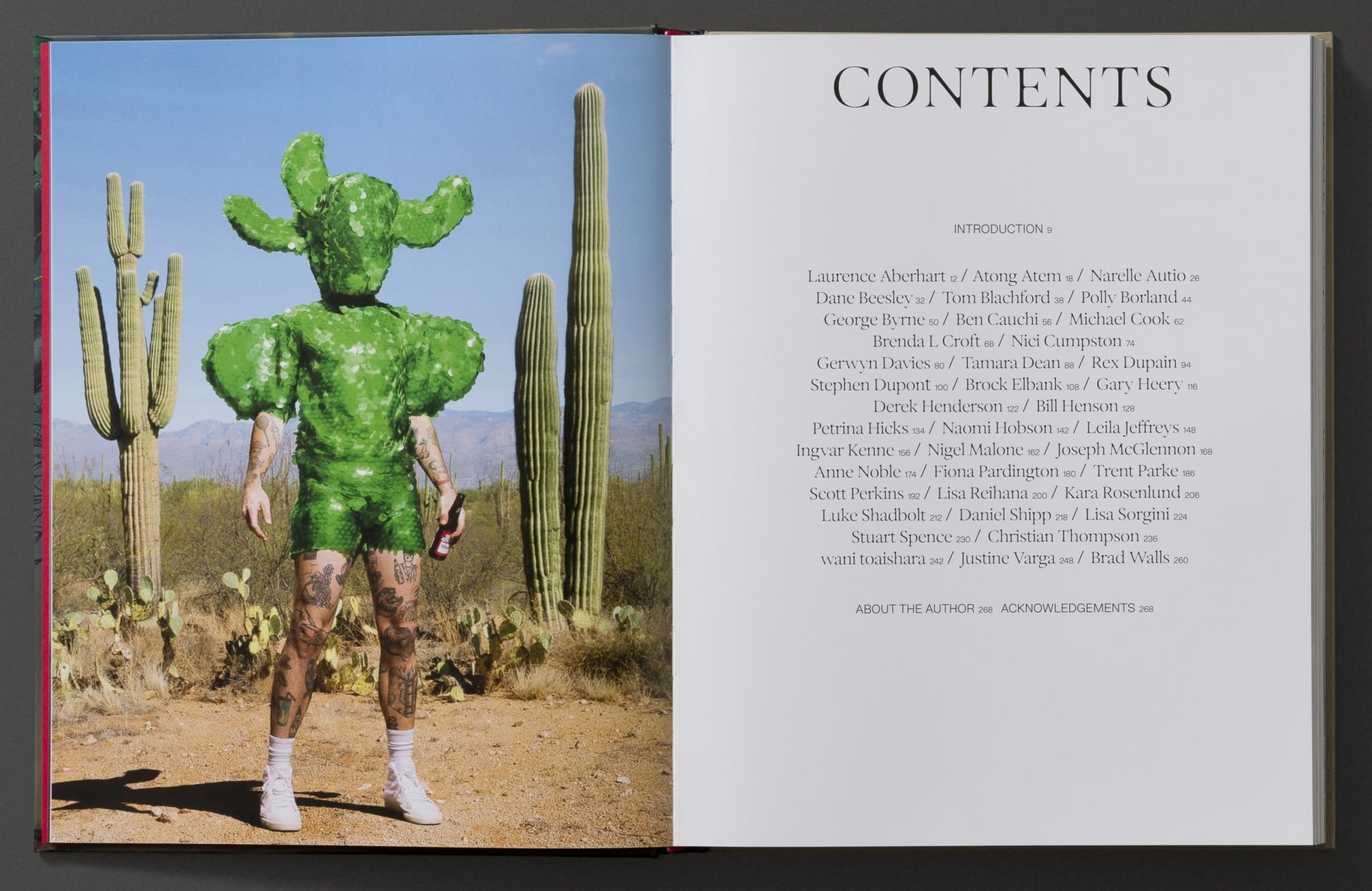 a spread from the book 'Exposure' featuring an image by Gerwyn Davies of a figure wearing a sequined, green outfit shaped loosely like a cactus
