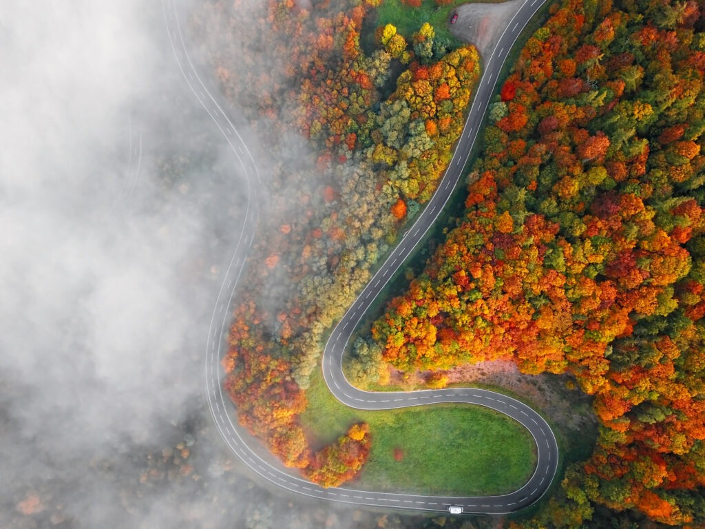 Overhead aerial view of winding mountain road in autumn forest covered by morning fog. Moselle Valley, Germany.