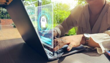 A woman types on a laptop with an AI background next to a field.