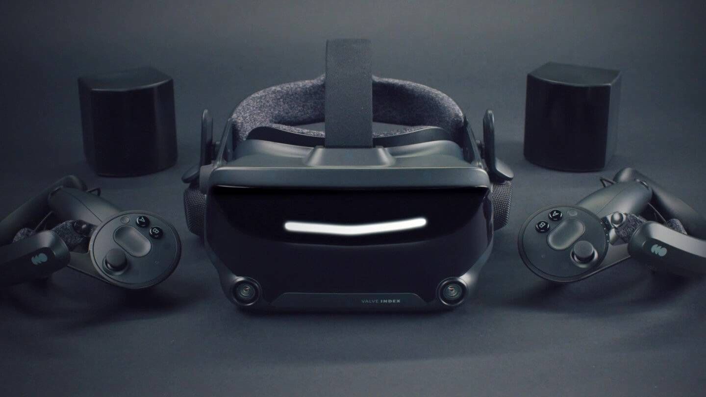 Valve Index VR headset next to controllers