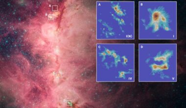 A swirling pink star-forming nebula with scattered blue stars.4 insets show closeups of small regions within the nebula.