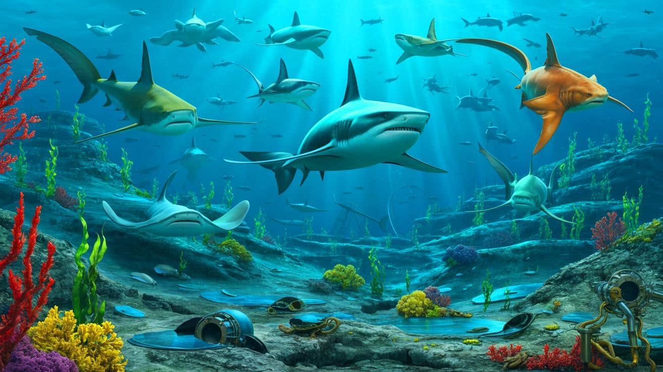 Illustration of Sharks, Rays, and Chimaeras Facing Threats from Deep-Sea Mining.
