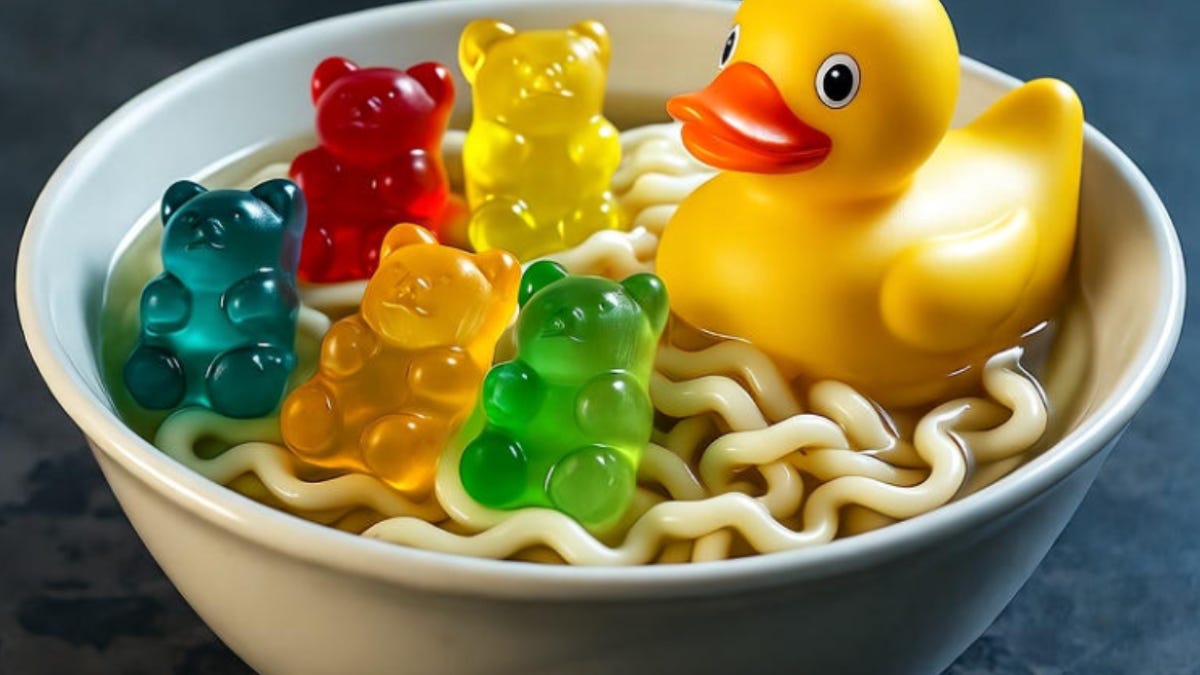 An AI-generated image of a bowl of ramen noodles topped with gummy bears and a rubber duck