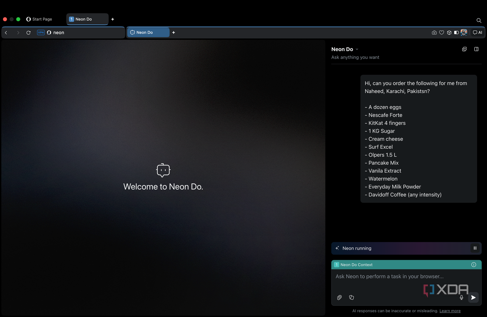 Sending Opera Neon Do my grocery list