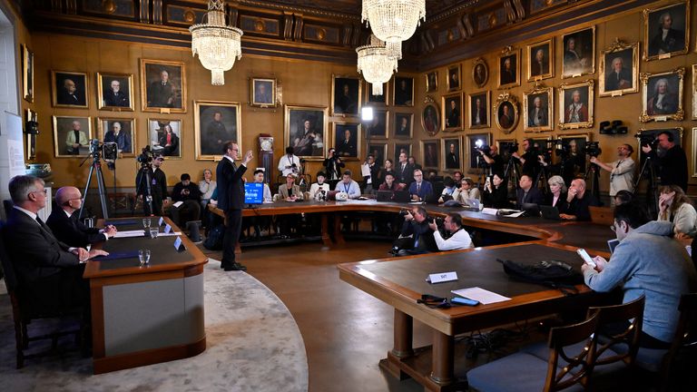 Members of the Nobel Committee in Physics announce this year's winners. Pic: AP