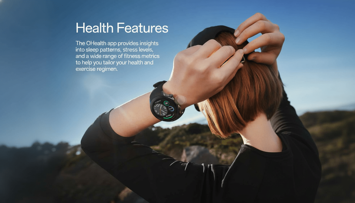 A person wearing a smartwatch on their left wrist, adjusting their hair with both hands, with a clear blue sky and distant hills in the background . Text on the image describes Health Features and the OHealth app .