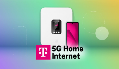 A T-Mobile router and phone, along with the T-Mobile 5G Home Internet logo, are displayed against a gradient purple, green and yellow background.