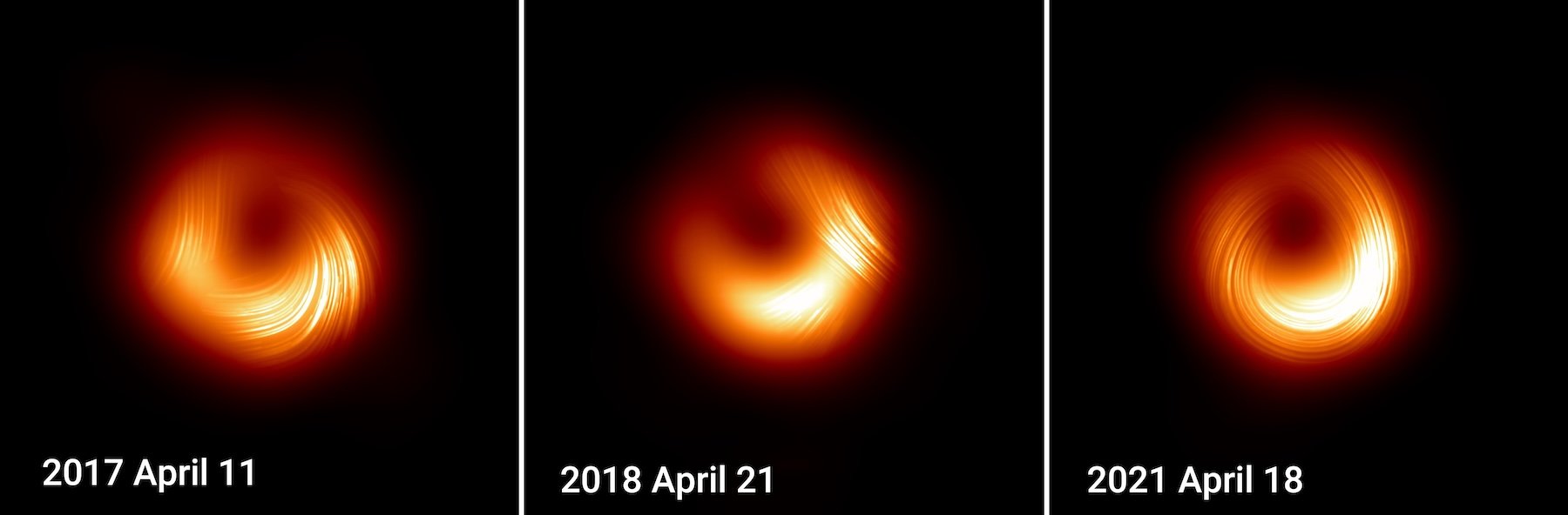 Three polarized light images of M87* from 2017, 2018, and 2021. The images differ, showing how the black hole is changing over time.