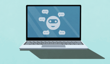 Emoticon and chat bubbles on laptop screen.