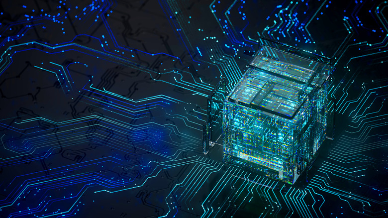 3D representation of data flow with circuit-board imagery