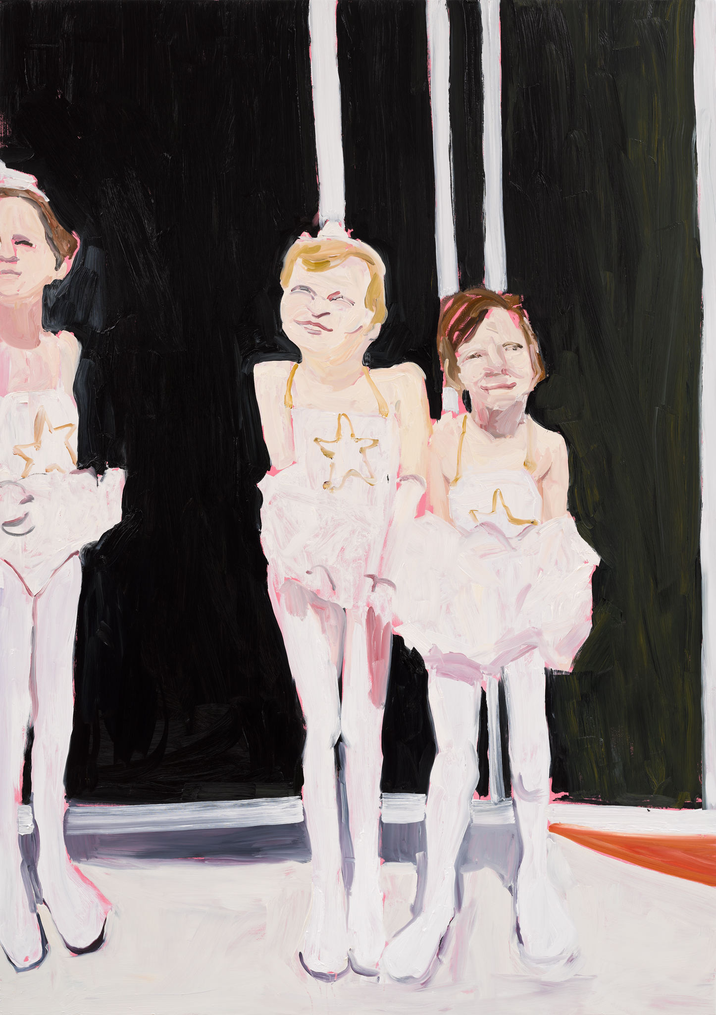 Illustration of three young girls in ballet costumes, two smiling at the viewer, against a dark background with white stripes.