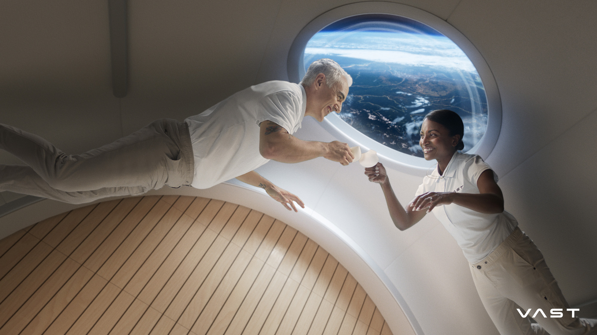 Illustration of two astronauts in a common area onboard the Haven-1 space station, one passing a cup to the other.