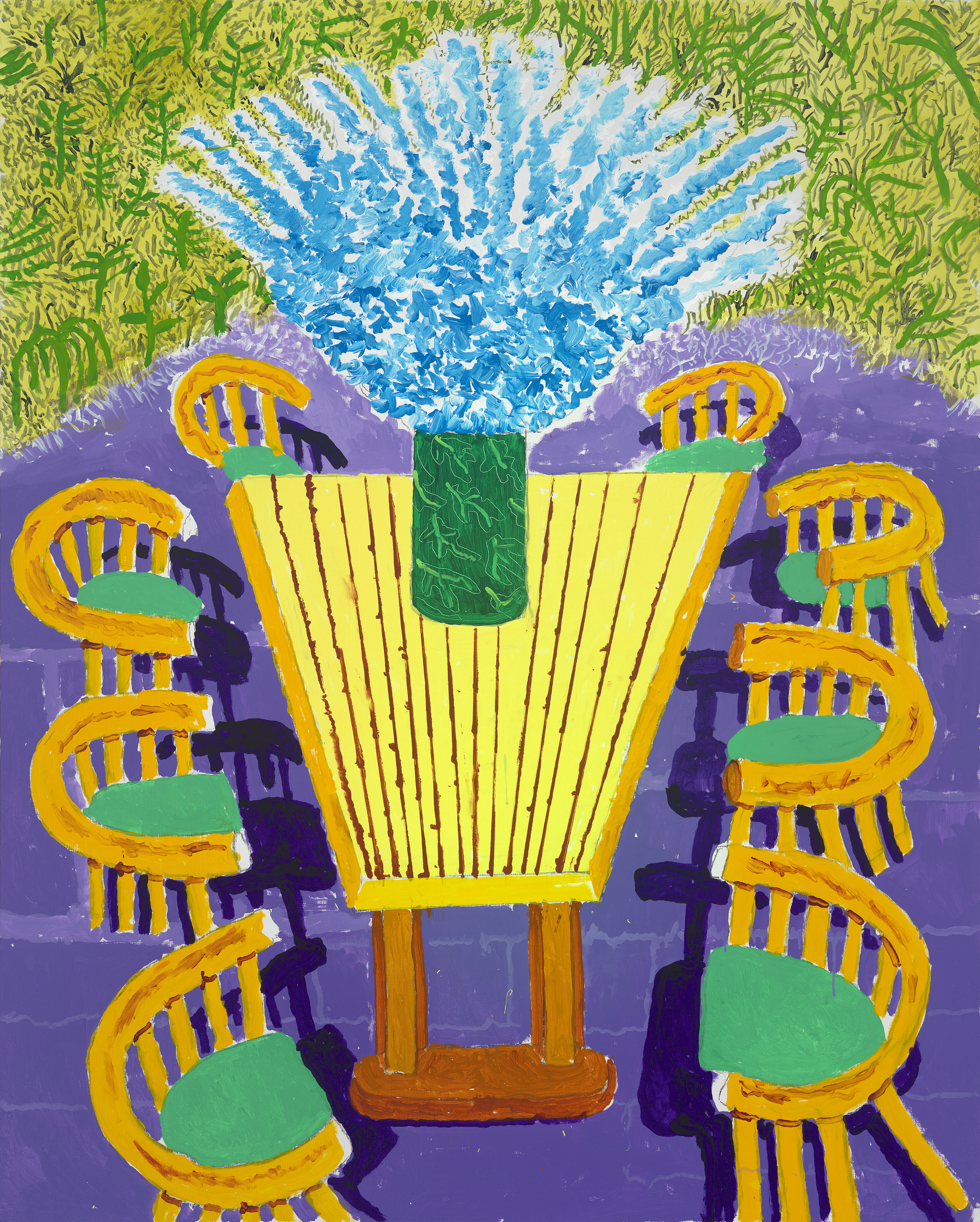 Illustration of blue delphiniums in a green vase on a yellow garden table, surrounded by gold chairs with green cushions, against a background of purple paving and green foliage.