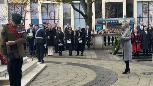 Michelle O'Neill lays a wreath during the Remembrance Sunday service at Belfast City Hall