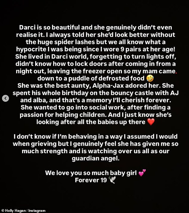 In a heartbreaking statement, Holly revealed her half-sister Darci, with whom she shares mother Vicki but have different fathers, had passed away