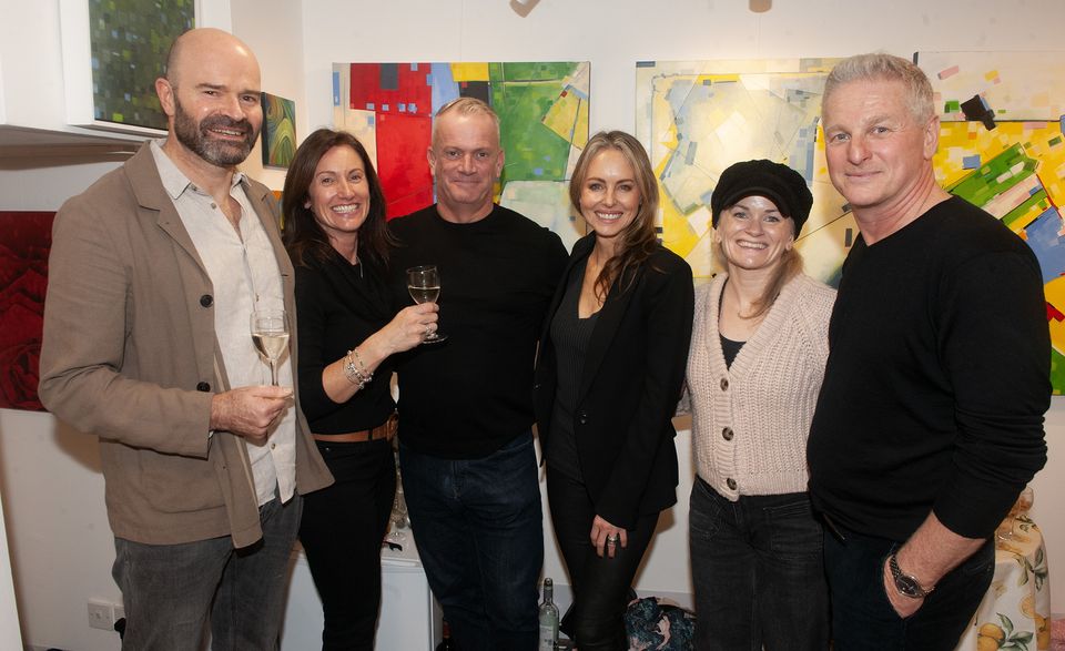 Pictured at the opening of Ann Maria's Bridges art exhibition in Trimmers Lane on Saturday evening were Graham Parker, Fiona Rice, Alan Curry, Ann Maria Bridges, Gillian McCann and Darragh Stokes. Pic: Jim Campbell