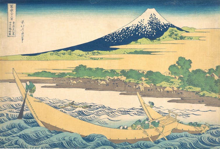 A painting of a large rowboat manned by people on rolling waves with a large mountain in the background.