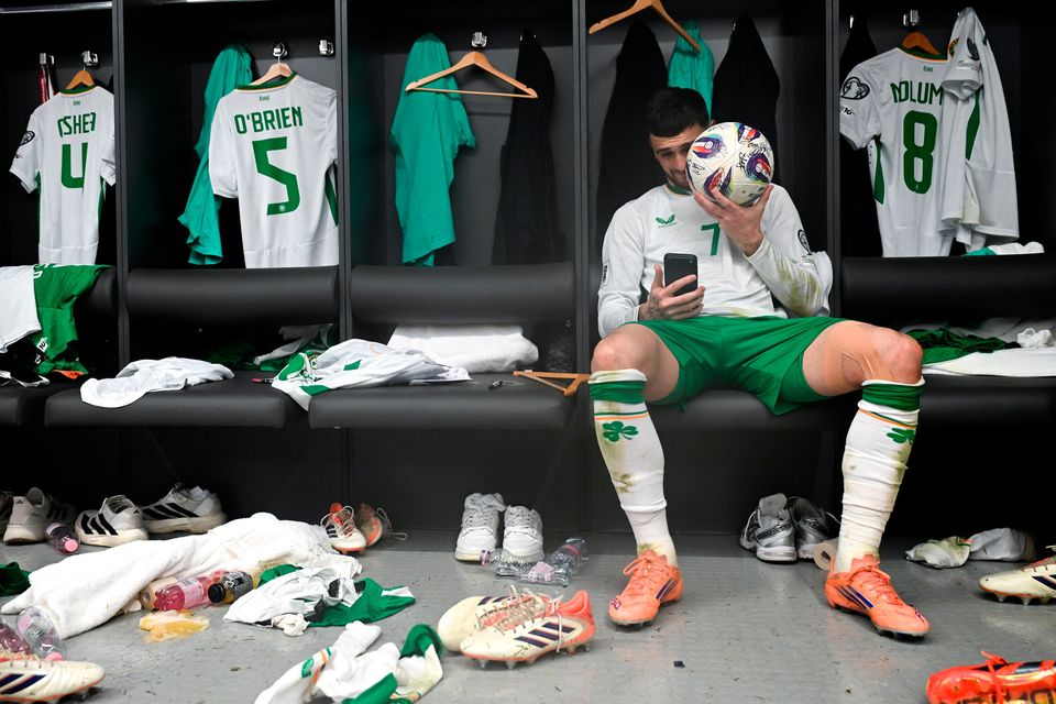 Troy Parrott with the match ball after his hat-trick against Hungary. Photo: Stephen McCarthy/Sportsfile
