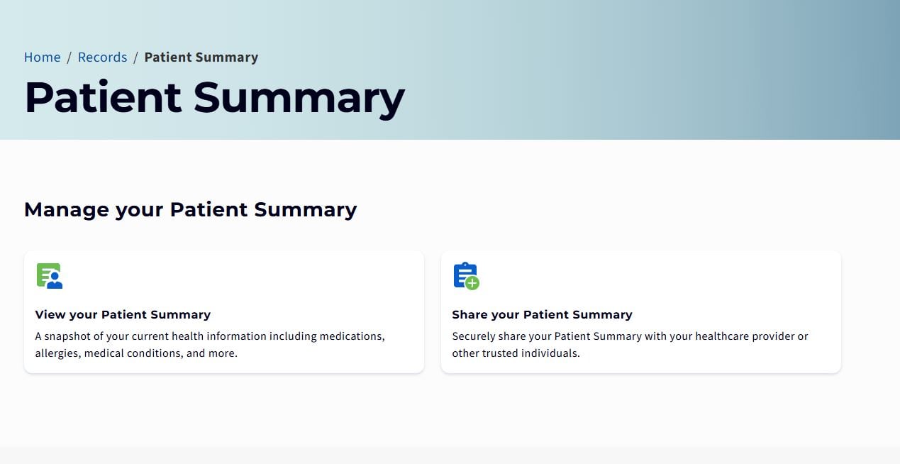 A screenshot of a website that says "patient summary"