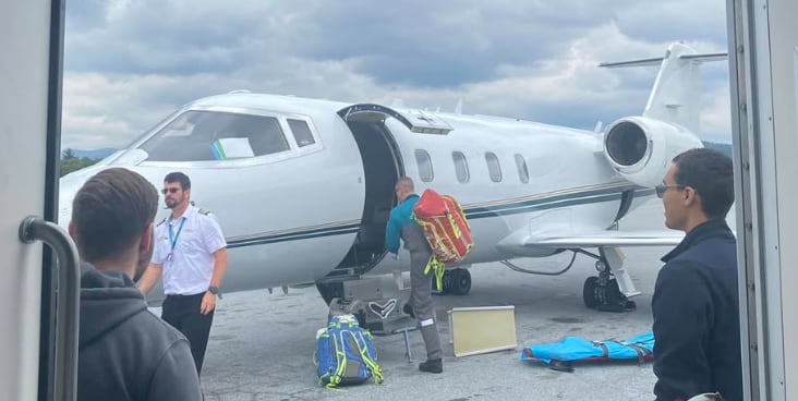 From the back of her patient transport, Susie Silvestri took a picture of the plane she flew on from the US to Canada. 