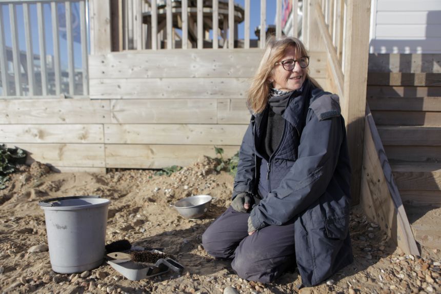 Volunteer Barbara Plum, a retiree from Kent, has been coming to the beach consistently since the spill, picking up the bio-beads at Camber Sands with items from her kitchen.