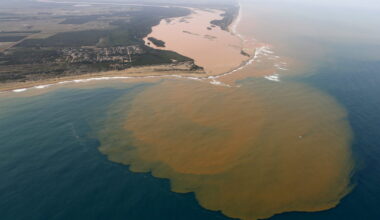 An aerial view of the Rio Doce, which was flooded with mud after a dam owned by Vale SA and BHP Billiton Ltd burst, at an ...