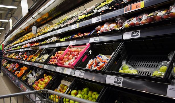 Fruit and vegetables on the supermarket shelves.