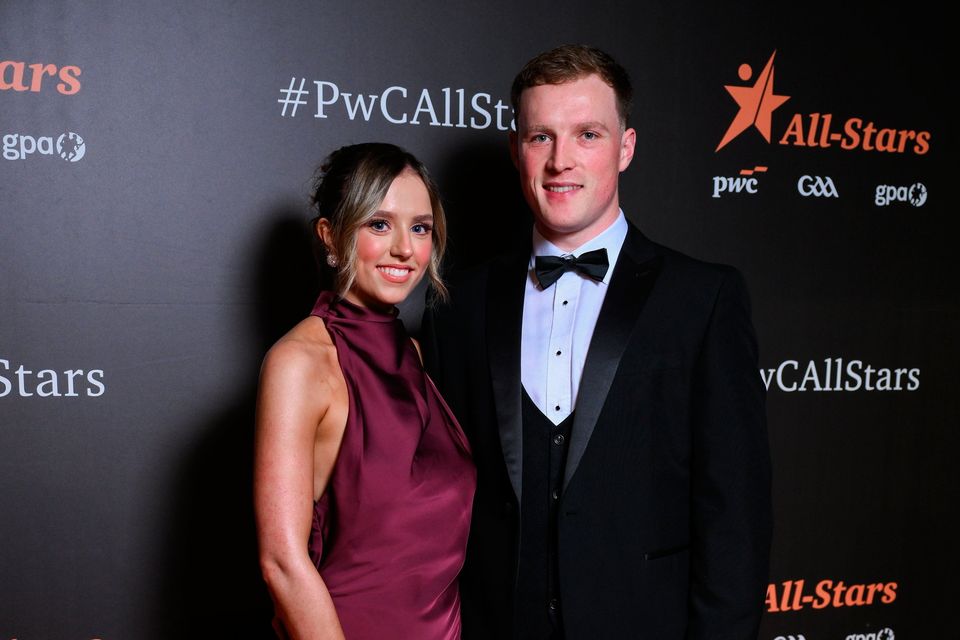 Dublin hurler Cian O’Sullivan with Sarah Kennedy on arrival to the 2025 PwC GAA/GPA All-Star Awards at the RDS in Dublin. Photo by Brendan Moran/Sportsfile