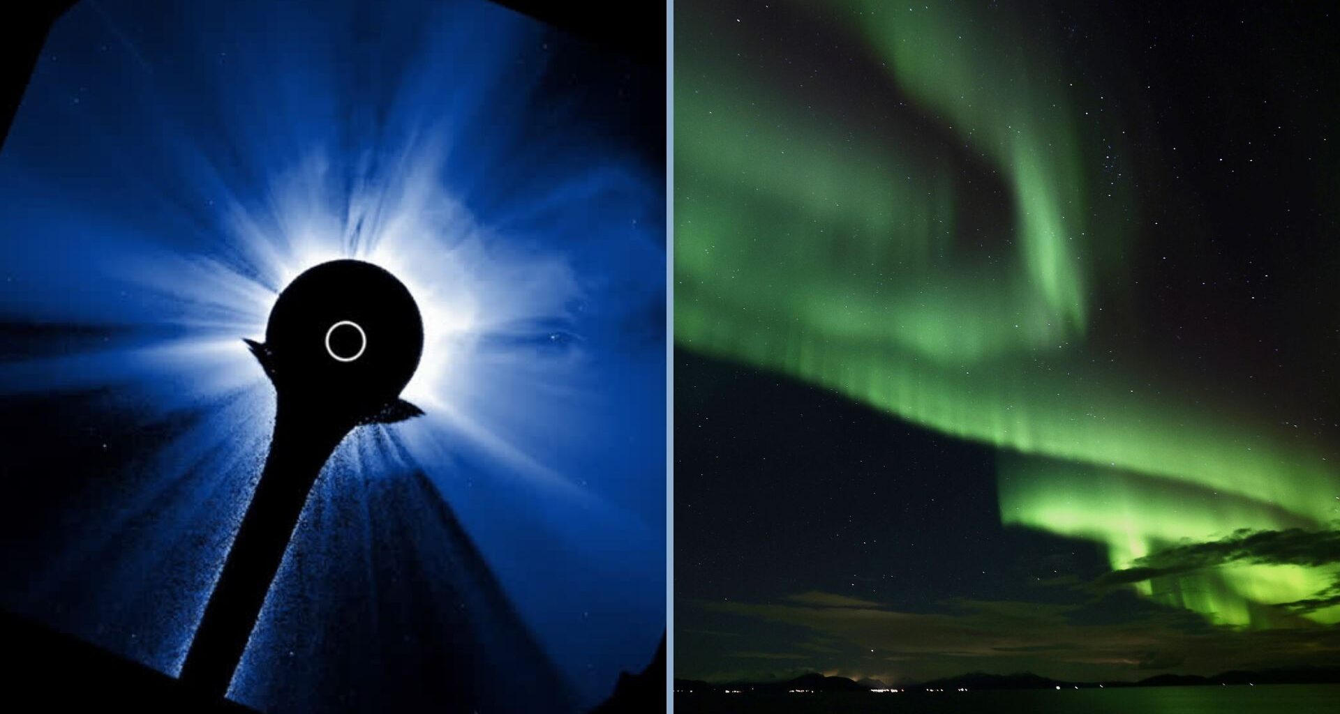 two panel image, on the left is a recent cme eruption from the sun that happened this morning nov. 10, on the right is a sweeping green aurora in a spiral pattern in the sky. the recent eruption could spark impressive auroras in the coming days.