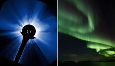 two panel image, on the left is a recent cme eruption from the sun that happened this morning nov. 10, on the right is a sweeping green aurora in a spiral pattern in the sky. the recent eruption could spark impressive auroras in the coming days.