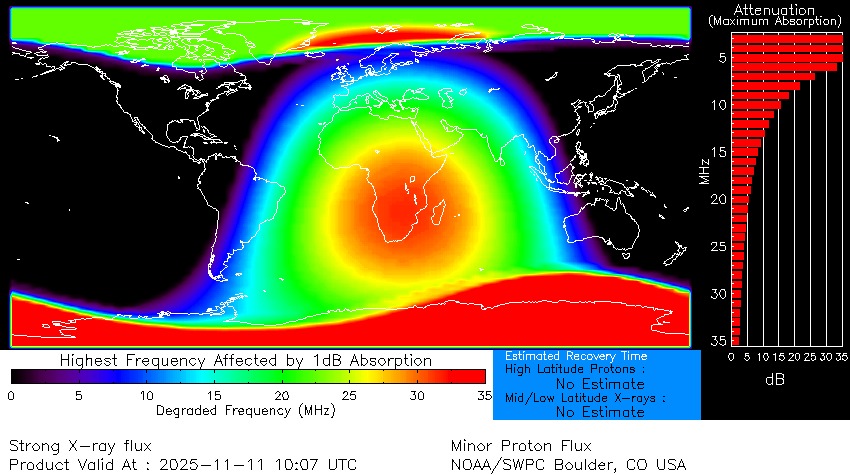 graphic showing the strong radio blackouts across the sunlit portion of earth at the time of the eruption. the strongest blackouts are over africa and some of europe.