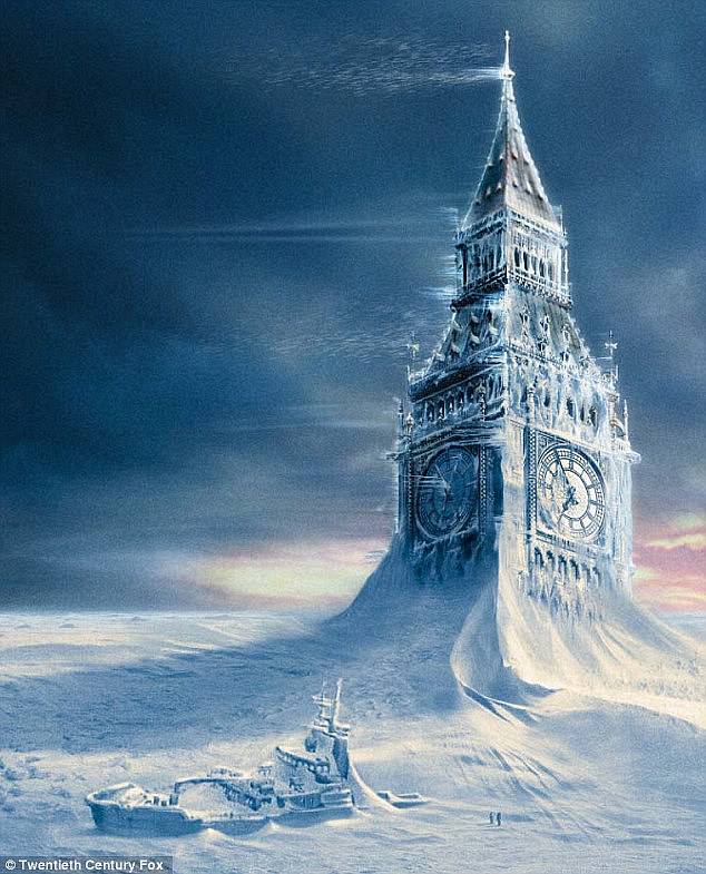 In the Hollywood blockbuster The Day After Tomorrow (pictured), ocean currents around the world stop as a result of global warming, triggering a new ice age on Earth. Here, Big Ben can be seen frozen over
