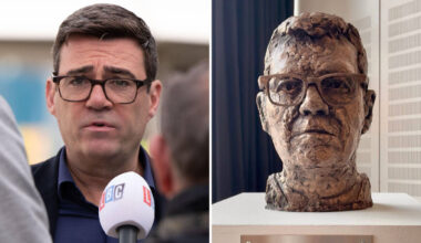 Andy Burnham reacts to 'haggard' sculpture of his head