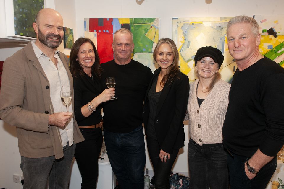 Pictured at the opening of Ann Maria's Bridges art exhibition in Trimmers Lane on Saturday evening were Graham Parker, Fiona Rice, Alan Curry, Ann Maria Bridges, Gillian McCann and Darragh Stokes. Pic: Jim Campbell