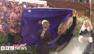 Bridget Jones statue under purple blanket