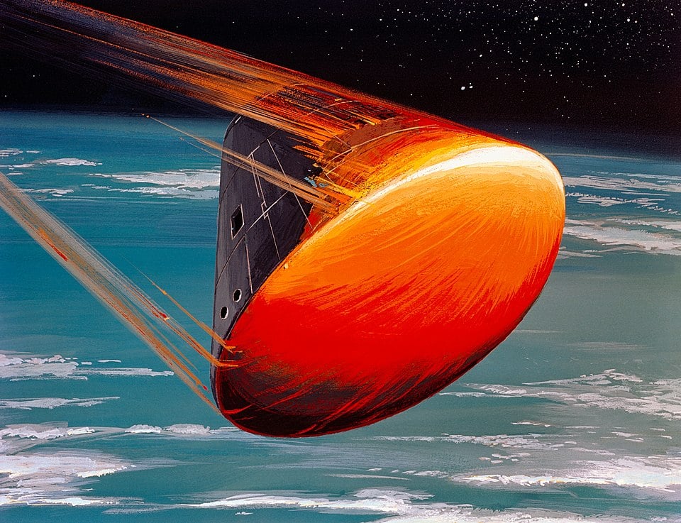 Artist impression of an Apollo module re-entering the Earth's atmosphere. These descents were under control but the same event when uncontrolled can pose very serious threat to people and property on the surface (Credit : North American Rockwell)