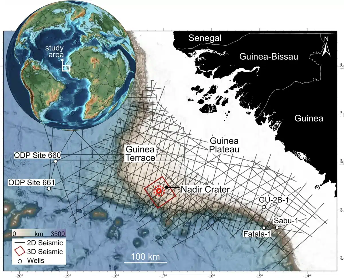A Map Showing The Nadir Crater's Position, Integrated With Seismic And Well Dataset.