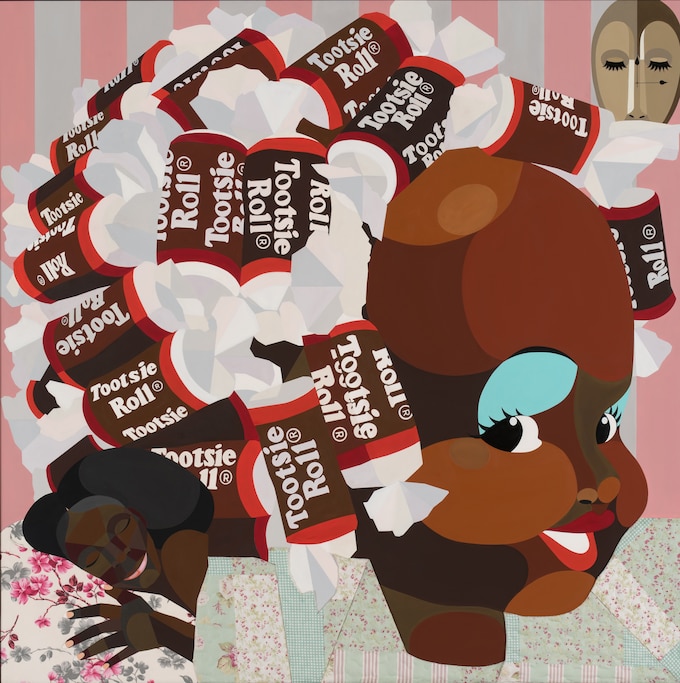 Adams’ 2024 work “Only Happy Thoughts” is an acrylic and fabric collage.