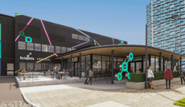 A building saying Sciopolis Imperial with people and a dog in front