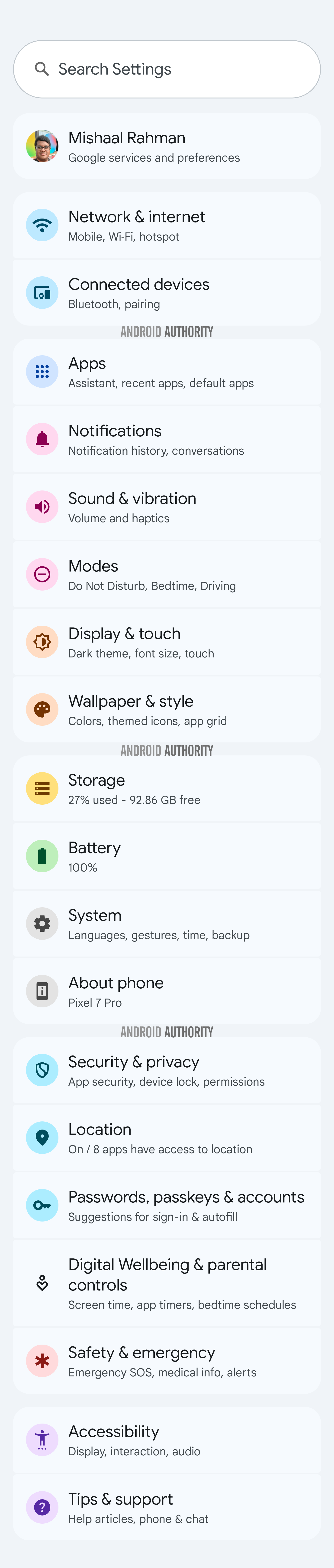 Expressive top level Settings light design in Android 16 Beta 4 Expressive top level Settings light design in Android 16 Beta 4