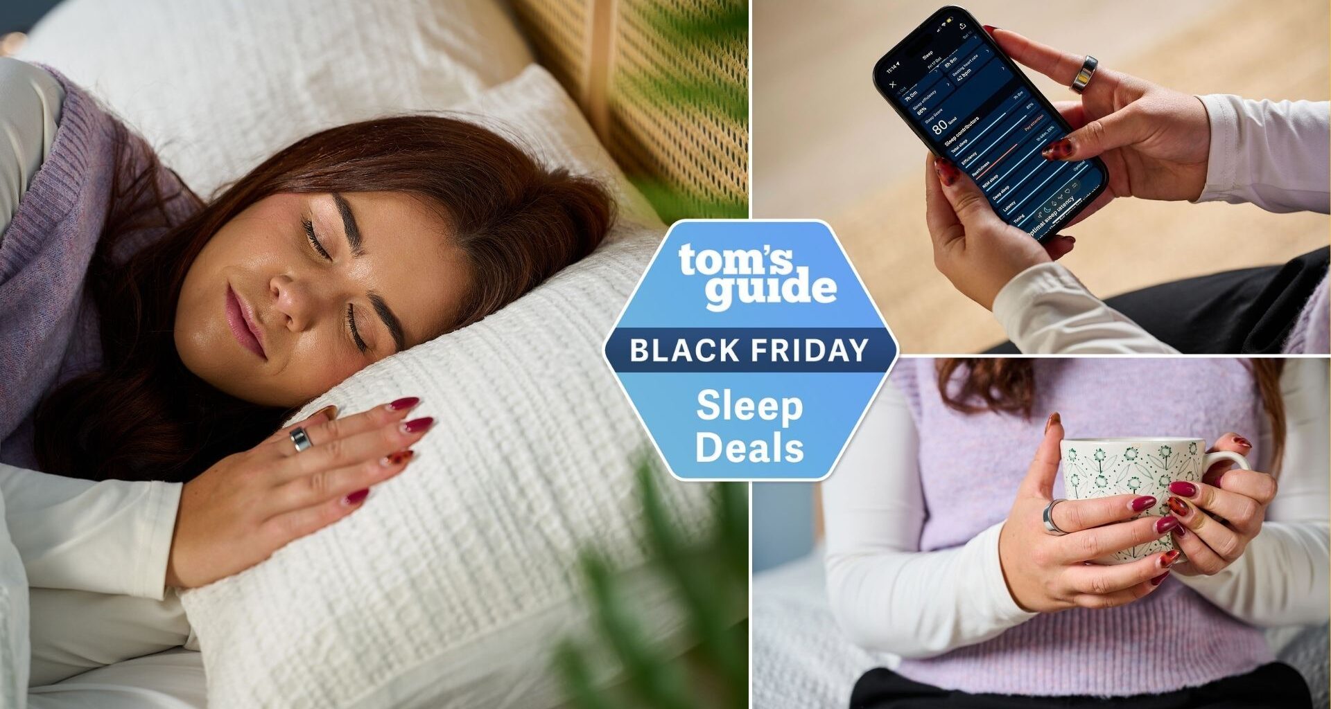 Our sleep tech reviewer wearing the silver Oura Ring 4 on right index finger in bed with white sheets in our sleep studio (left). Checking sleep analytics on Oura app on iPhone (top right) and holding a mug in front of purple jumper with silver Oura Ring 4 on index finger (bottom right), with Tom's Guide Black Friday sleep deals logo