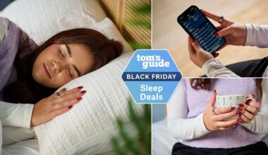 Our sleep tech reviewer wearing the silver Oura Ring 4 on right index finger in bed with white sheets in our sleep studio (left). Checking sleep analytics on Oura app on iPhone (top right) and holding a mug in front of purple jumper with silver Oura Ring 4 on index finger (bottom right), with Tom's Guide Black Friday sleep deals logo