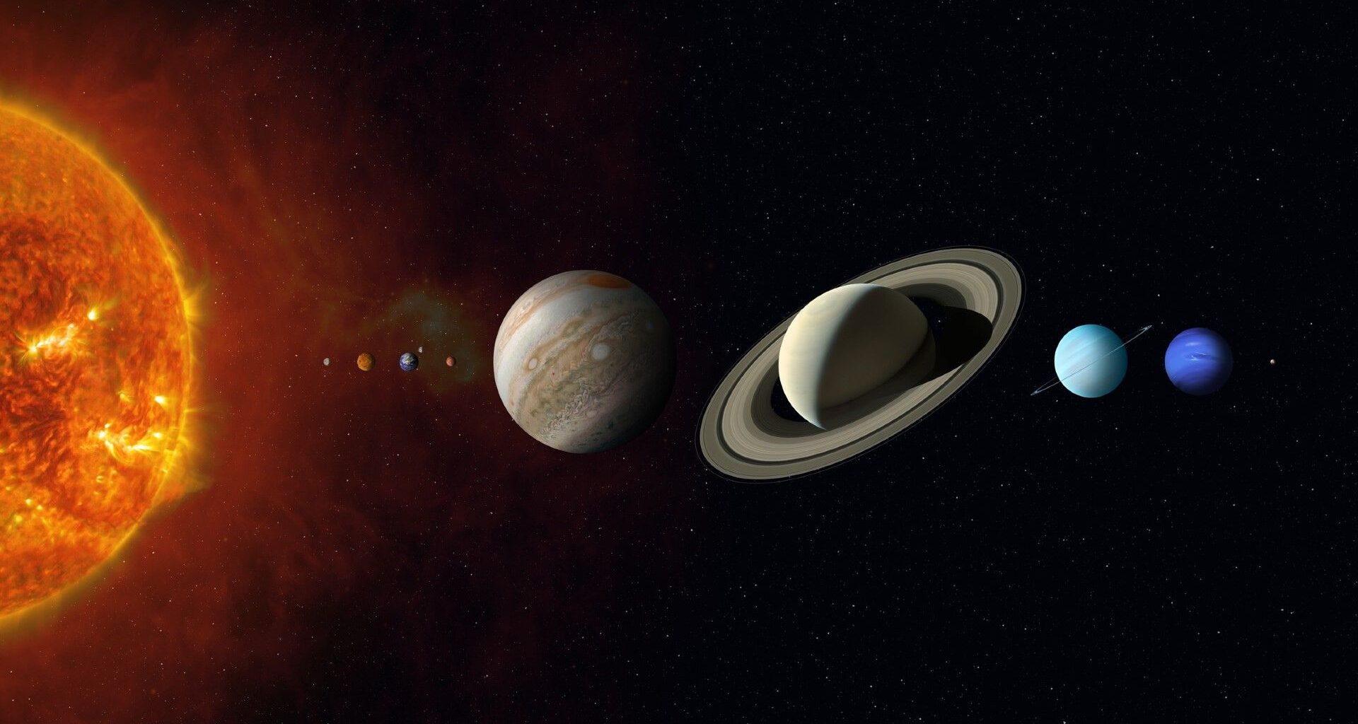 nine planets extend in a line away from a fiery sun